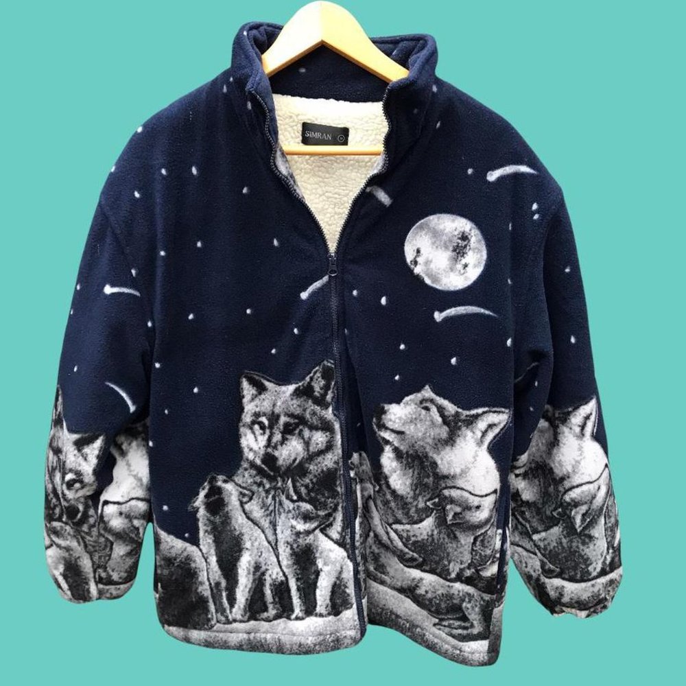 Wolves howling at moon blue fleece wool lining zip up Simran jacket Size Medium